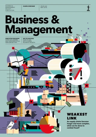 Magazine cover illustration of a business & management theme with supply chain and data flow visuals on a light green background.