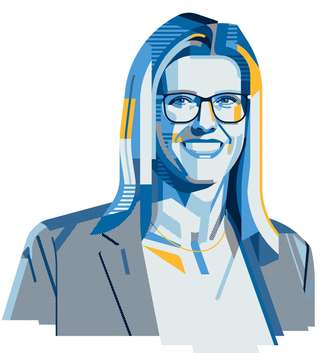 Digital vector illustration portrait of a smiling woman with glasses wearing a blazer by illustrator Aleksandar Savic.