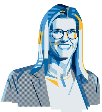 Digital vector illustration portrait of a smiling woman with glasses wearing a blazer by illustrator Aleksandar Savic.