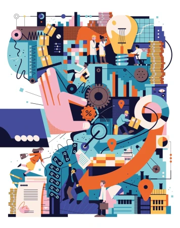 Stylized financial illustration shows a hand pointing down an arrow towards a city, surrounded by business people, scientists, and cargo.