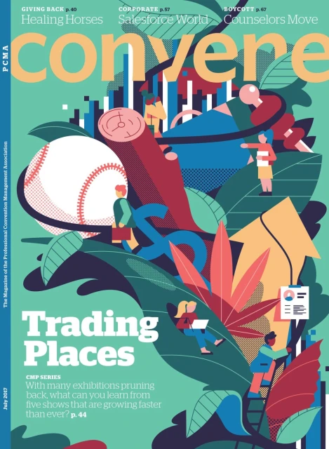 Illustration for cover of magazine, Converge, with graphics of people, baseball, graph, and leaves in shades of green, red, and blue.