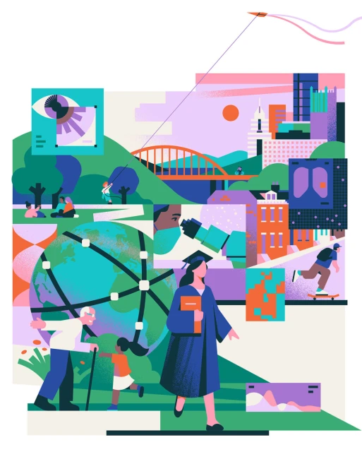 Illustration showcases diverse scenes: a graduate, family walking, scientist with microscope, eye graphic, kite flying above cityscape.