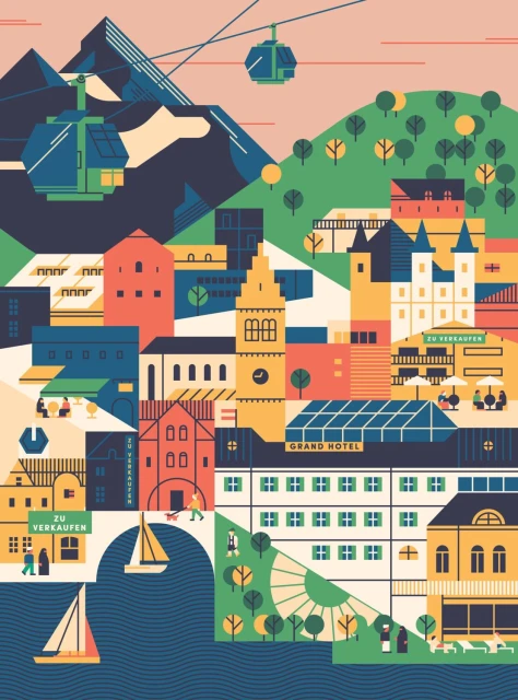 Colorful illustrative image of a European cityscape featuring buildings, mountains, cable cars, trees, and sailboats on the water.
