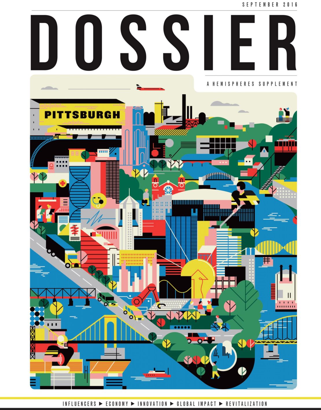 Illustration of Pittsburgh on a magazine cover featuring bridges, buildings, roads, and vehicles with the word "Dossier" at the top.