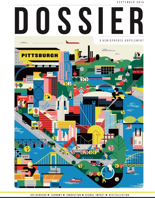 Illustration of Pittsburgh on a magazine cover featuring bridges, buildings, roads, and vehicles with the word "Dossier" at the top.