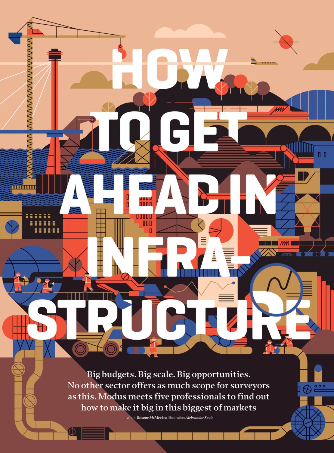 Infrastructure illustration with crane, buildings, pipes, and construction elements in shades of brown, orange, and blue.