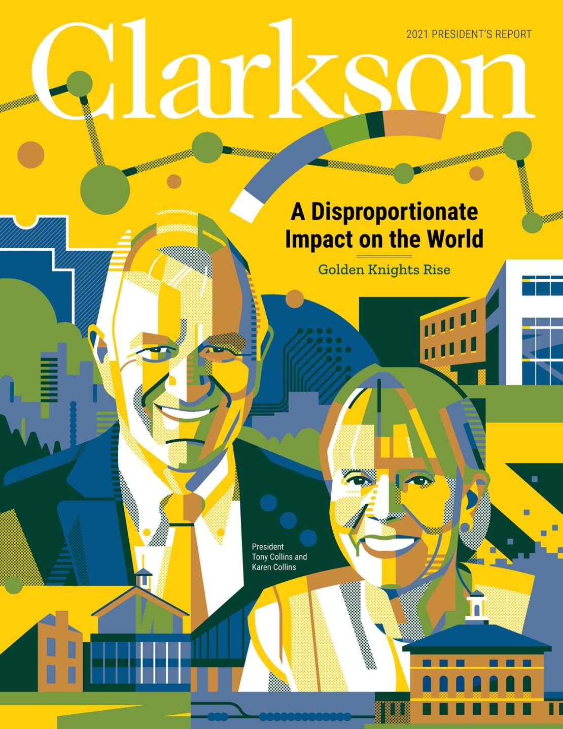 Illustration of Tony and Karen Collins in front of the Clarkson University campus. Buildings, geometric shapes, and school colors.