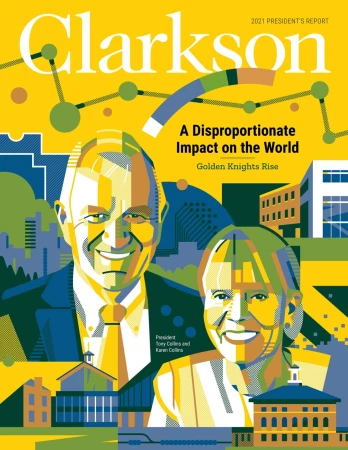 Illustration of Tony and Karen Collins in front of the Clarkson University campus. Buildings, geometric shapes, and school colors.