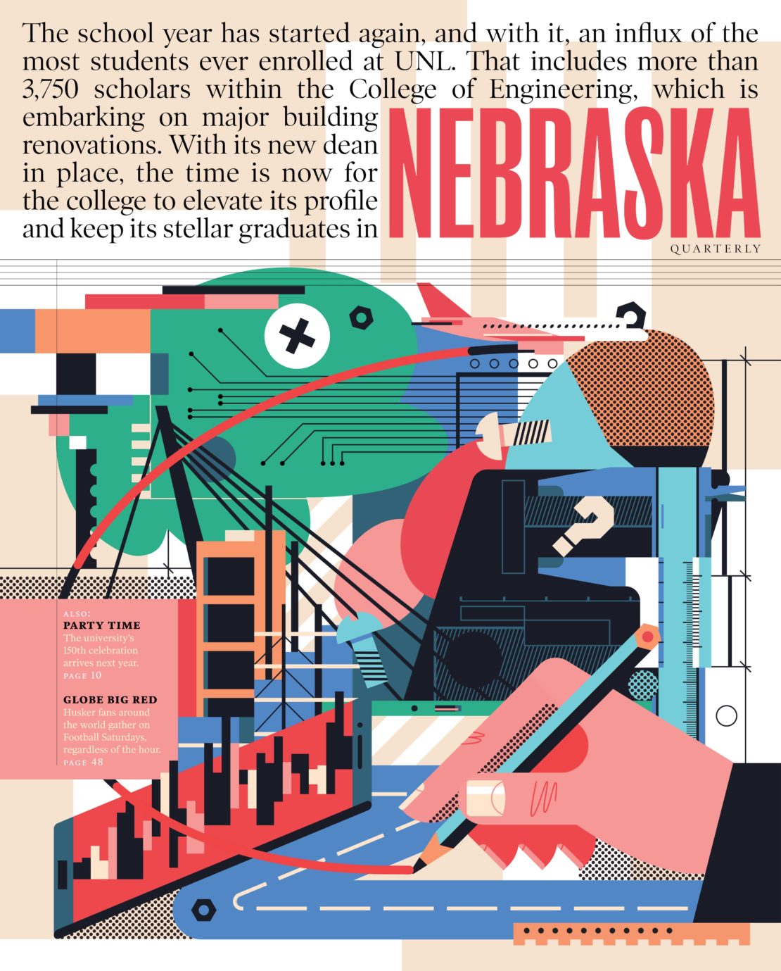Illustration for Nebraska Quarterly magazine featuring architectural drawings, hand drawing lines, and colorful geometric shapes.