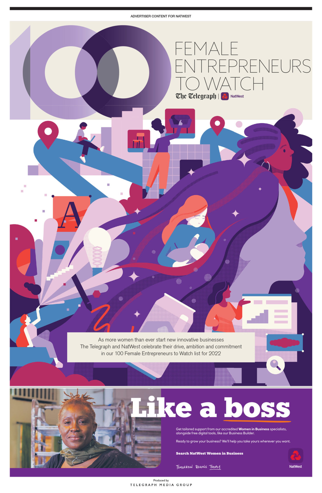 Illustration promoting female entrepreneurs features stylized figures, graphs, and the text '100 Female Entrepreneurs to Watch'.