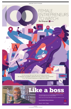 Illustration promoting female entrepreneurs features stylized figures, graphs, and the text '100 Female Entrepreneurs to Watch'.
