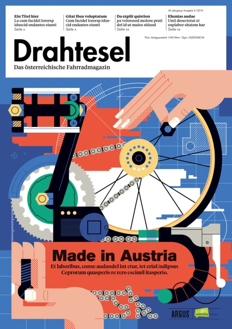 Illustrated magazine cover featuring a bicycle wheel, gears, and human hands. The design incorporates blue, orange, and green elements.
