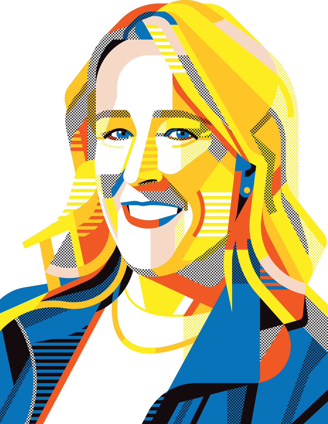 Illustration of a woman's face with blonde hair and blue eyes, rendered in a geometric, pop-art style using yellow, orange, and blue hues.
