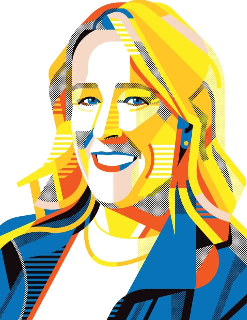 Illustration of a woman's face with blonde hair and blue eyes, rendered in a geometric, pop-art style using yellow, orange, and blue hues.