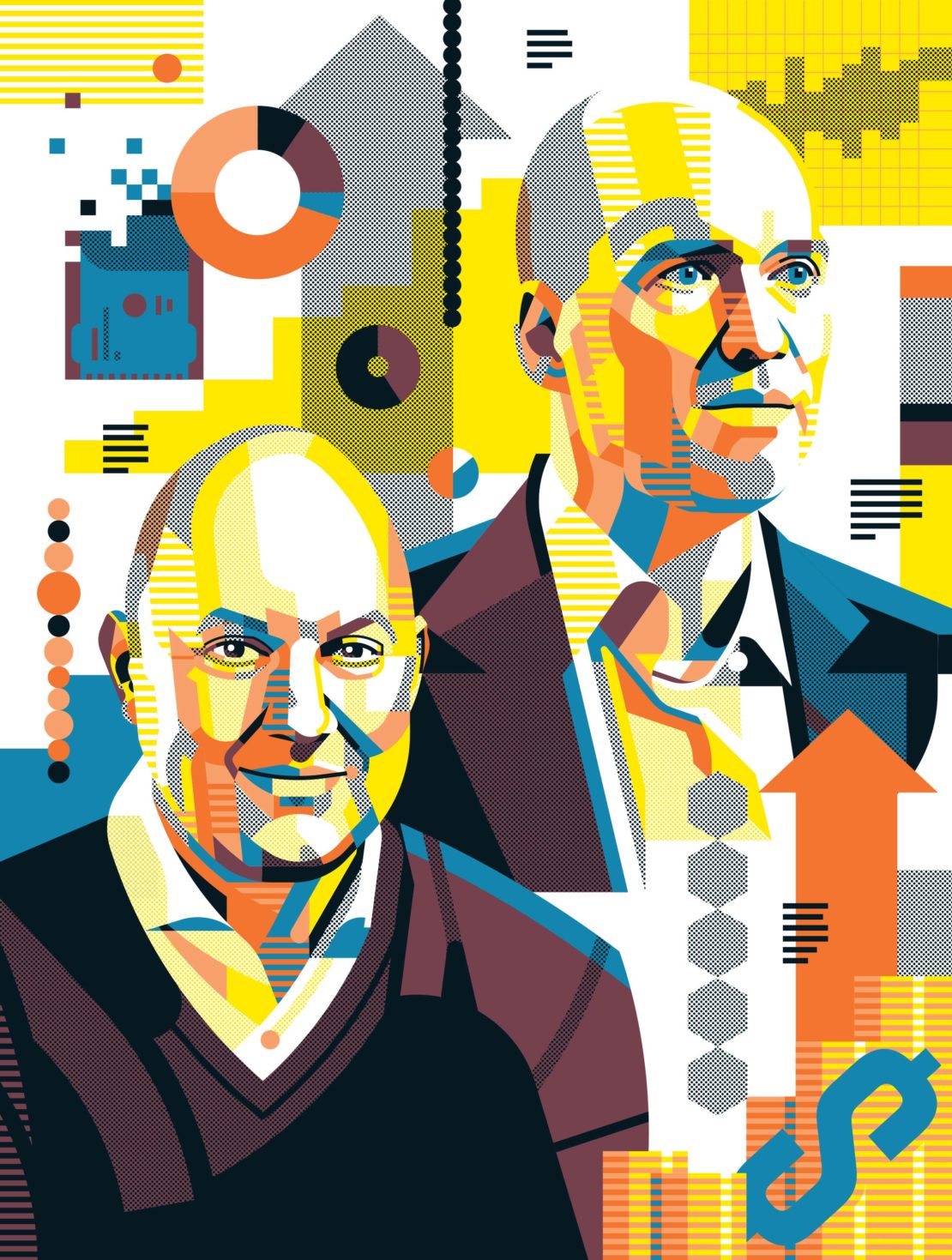 Illustration of two adult men in colorful geometric design, accompanied by financial graphs, upward arrows, and a dollar sign.