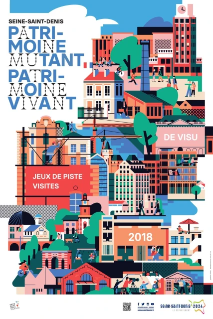 Colorful illustration showcasing Seine-Saint-Denis's cultural heritage with vibrant buildings, trees, and stylized figures against a blue sky.