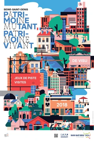 Colorful illustration showcasing Seine-Saint-Denis's cultural heritage with vibrant buildings, trees, and stylized figures against a blue sky.