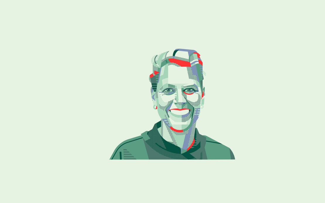Illustration of an adult woman with fair skin smiling, wearing a green top against a light green backdrop in a portrait orientation.
