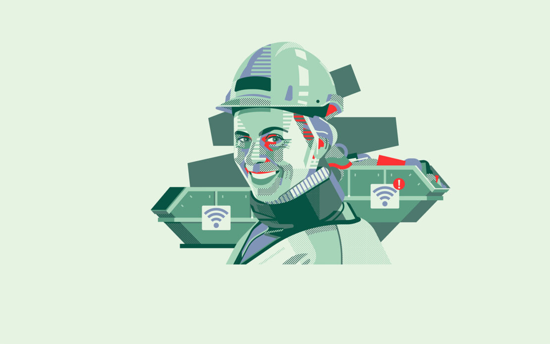 Illustration of a smiling woman wearing a hard hat in front of a dumpster with a Wi-Fi symbol on a light green background.