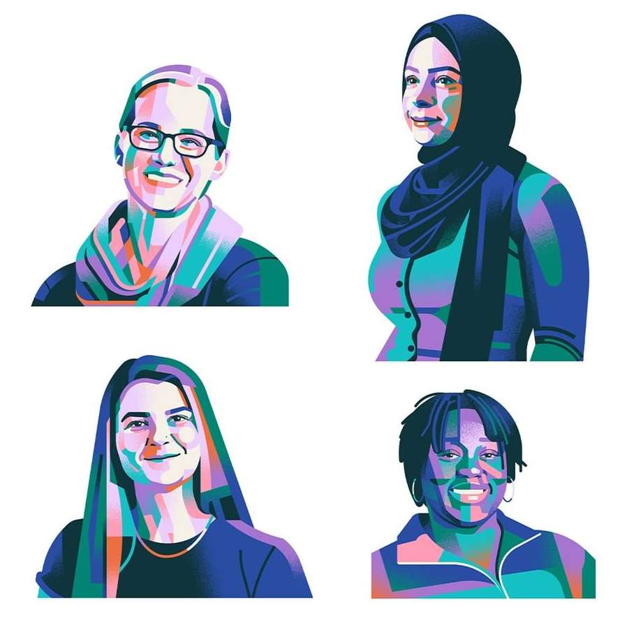 Illustrative group portrait of four diverse women with vibrant colors, set against a clean white backdrop in a graphic novel style.