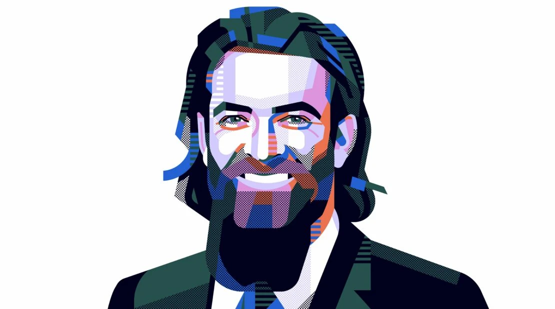 Stylized vector portrait of a bearded man with long hair in a suit jacket against a white background, illustration, art.