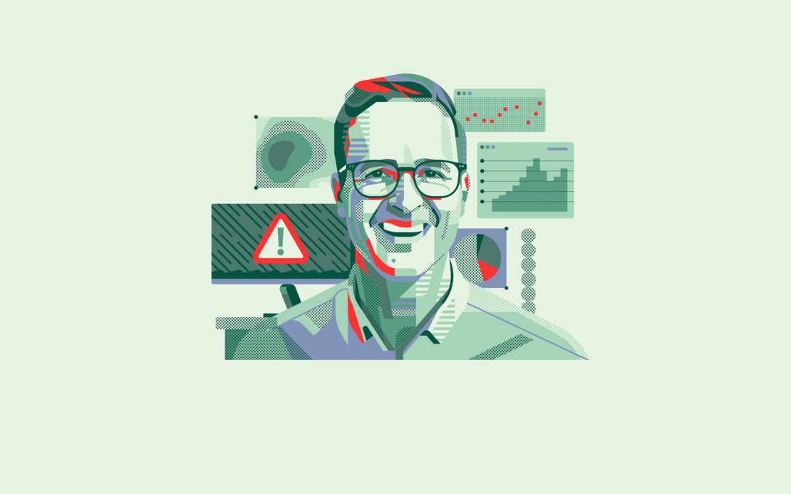 Illustration of a smiling man with glasses, set against a backdrop of data charts and a warning sign, presented in a modern graphic style.