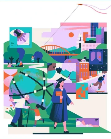 Illustration showcasing education, technology, healthcare, and urban life with diverse people and a kite flying over city buildings.