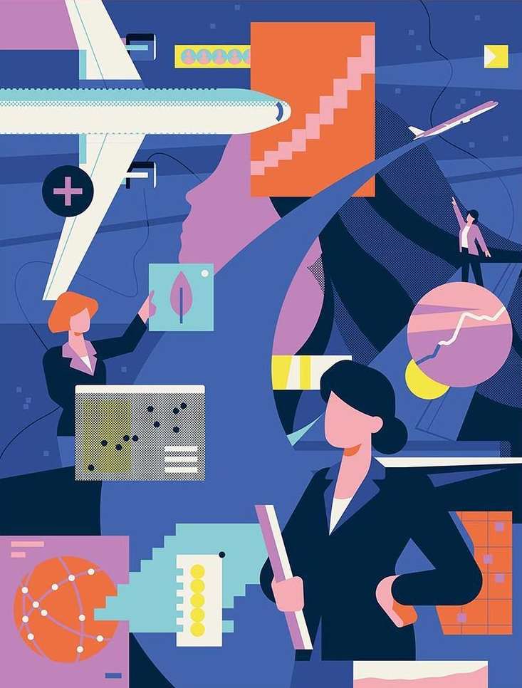 Illustration of three women in business suits, two airplanes, and data graphs on a navy blue background.