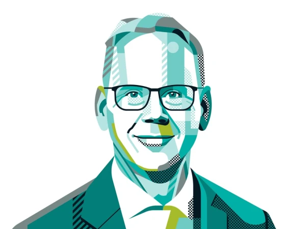 Digital illustration portrait of a man wearing glasses in teal and green geometric patterns by Aleksandar Savic