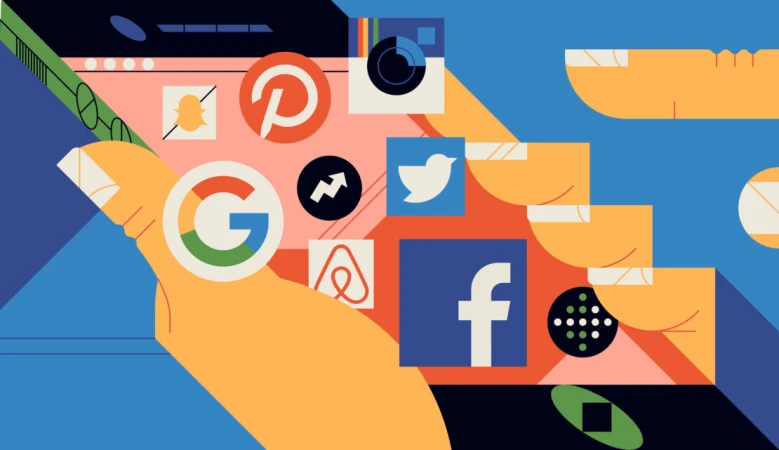 Graphic illustration of a hand holding a smartphone displaying social media logos like Facebook, Instagram, Twitter, and Pinterest.