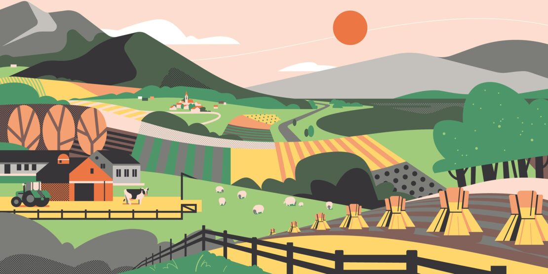 Illustration of a vibrant, stylized farm scene with rolling hills, livestock, and farm buildings under a bright orange sun.