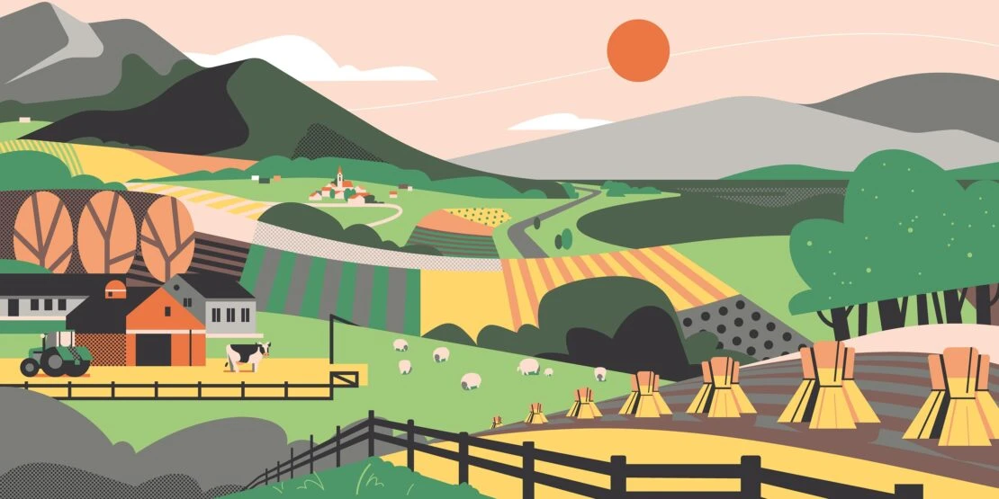 Illustration of a vibrant, stylized farm scene with rolling hills, livestock, and farm buildings under a bright orange sun.