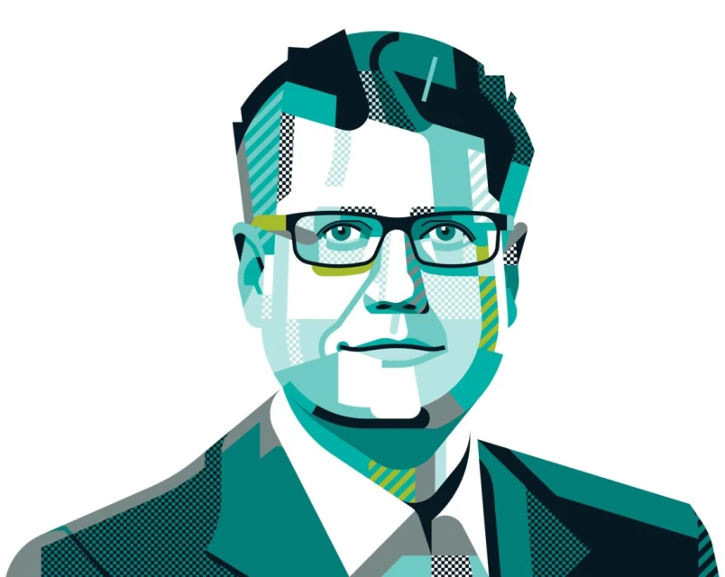 Illustration of a man in a suit and glasses with geometric patterns in shades of teal, green, and white on a white background.