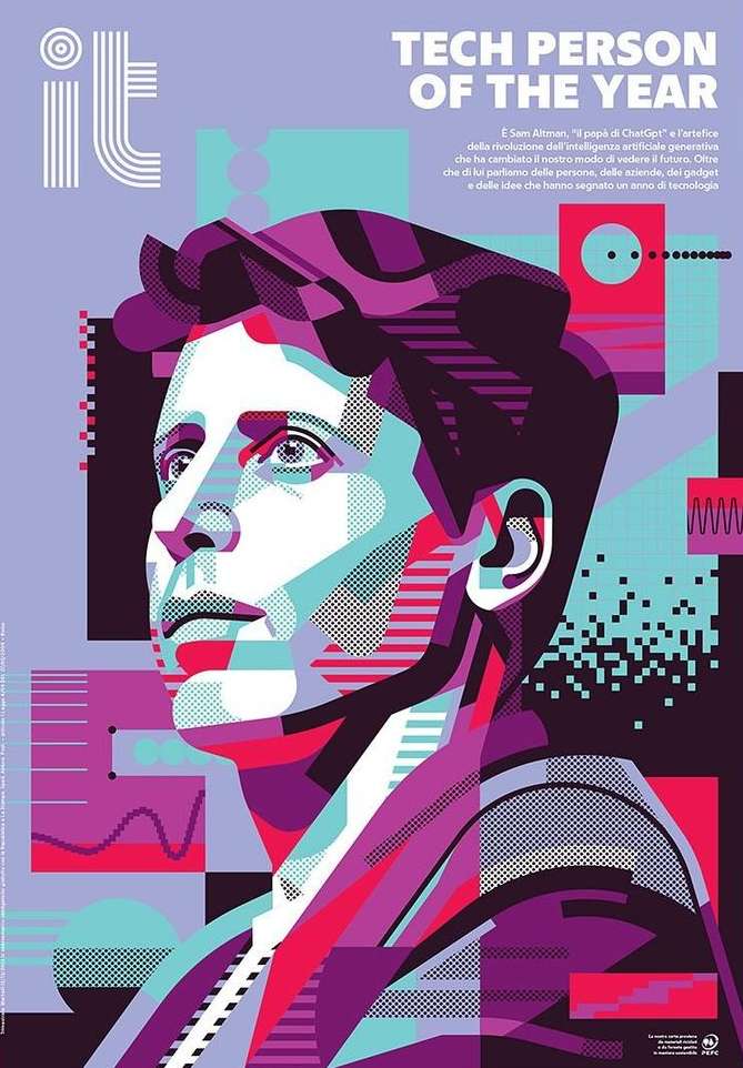 Illustration of a person, likely for a magazine, with graphic elements, including digital data visualizations and geometric shapes.