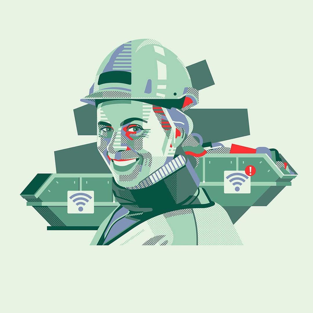 Illustration of a woman wearing a hard hat, smiling, with an industrial dumpster in the background, rendered in a flat, graphic style.
