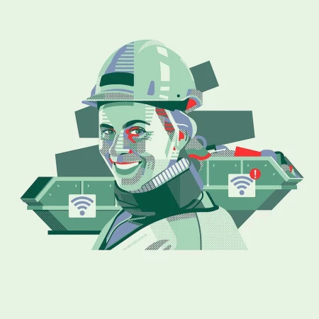 Illustration of a woman wearing a hard hat, smiling, with an industrial dumpster in the background, rendered in a flat, graphic style.