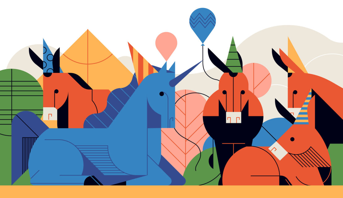 Illustration of blue unicorn and orange donkeys wearing party hats with balloons, set against white background with abstract shapes.