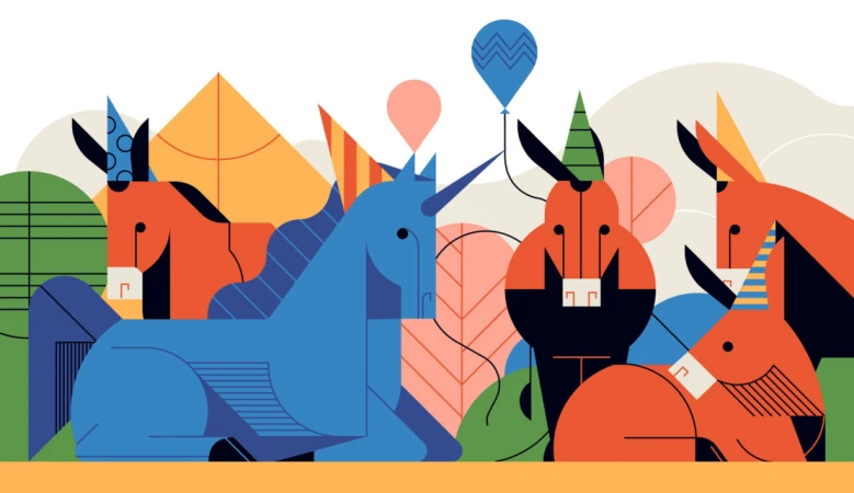 Illustration of blue unicorn and orange donkeys wearing party hats with balloons, set against white background with abstract shapes.