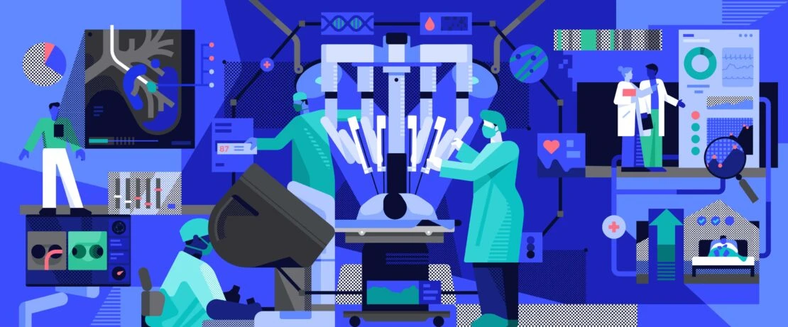Illustration of medical professionals using robotic surgery equipment, surrounded by medical monitors and displays in a modern operating room.