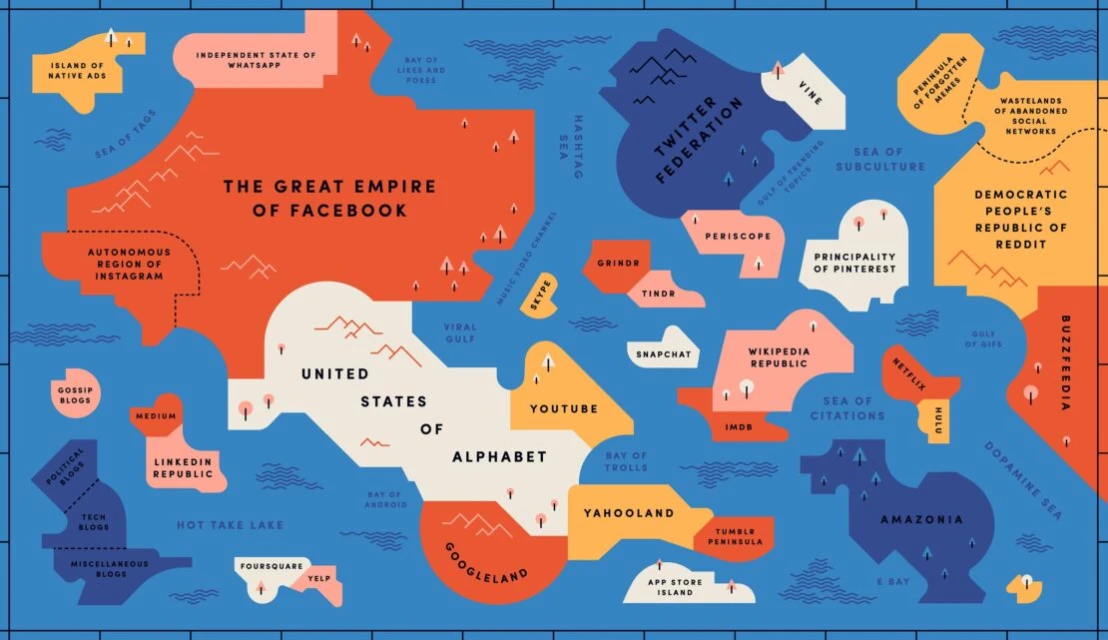 Illustrated map of social media platforms, with each platform represented as a country or region in a stylized world map.