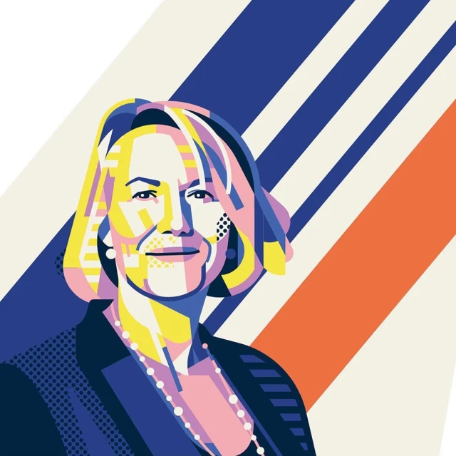Illustration of a woman in a blazer with a beaded necklace, rendered in a colorful, pop-art style on a striped background.