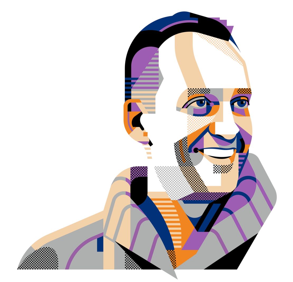 Illustration of a fair-skinned adult man with a cheerful expression, created in a modern geometric style with a white background.