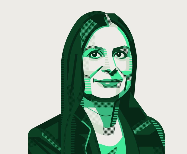 Illustration of an adult woman with long dark hair, wearing a blazer and shirt, set against a light beige background in portrait format.