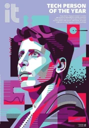 Colorful geometric illustration portrait of a man looking upward against a lavender background with typography elements