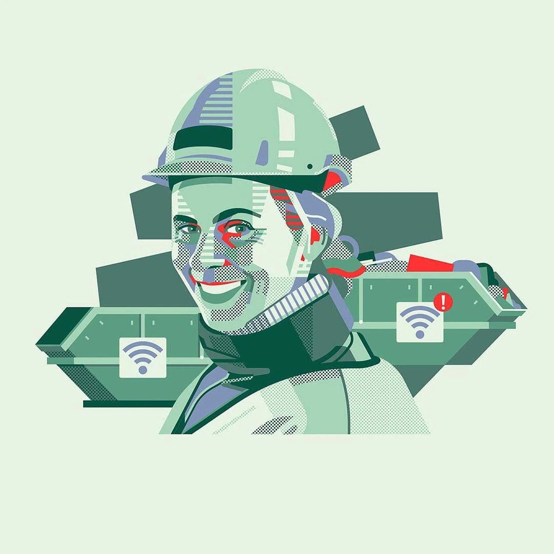 Digital illustration by Aleksandar Savic of a smiling construction worker wearing a hard hat in front of skips.