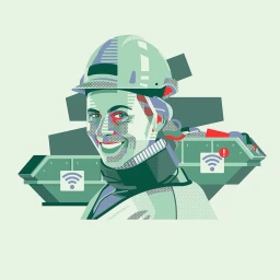 Digital illustration by Aleksandar Savic of a smiling construction worker wearing a hard hat in front of skips.