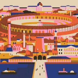 Vector illustration of a sprawling urban landscape featuring a large circular arena, ships on water, and colorful buildings by Aleksandar Savić.