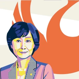 Vector illustration portrait of an East Asian woman with dark hair wearing a patterned blazer against an abstract orange and white background.