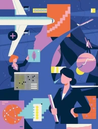 Vector illustration featuring business figures, charts, and airplanes against a deep blue and purple abstract background by Aleksandar Savić