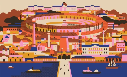 An illustrated architectural cityscape featuring a large circular arena by illustrator Aleksandar Savić.